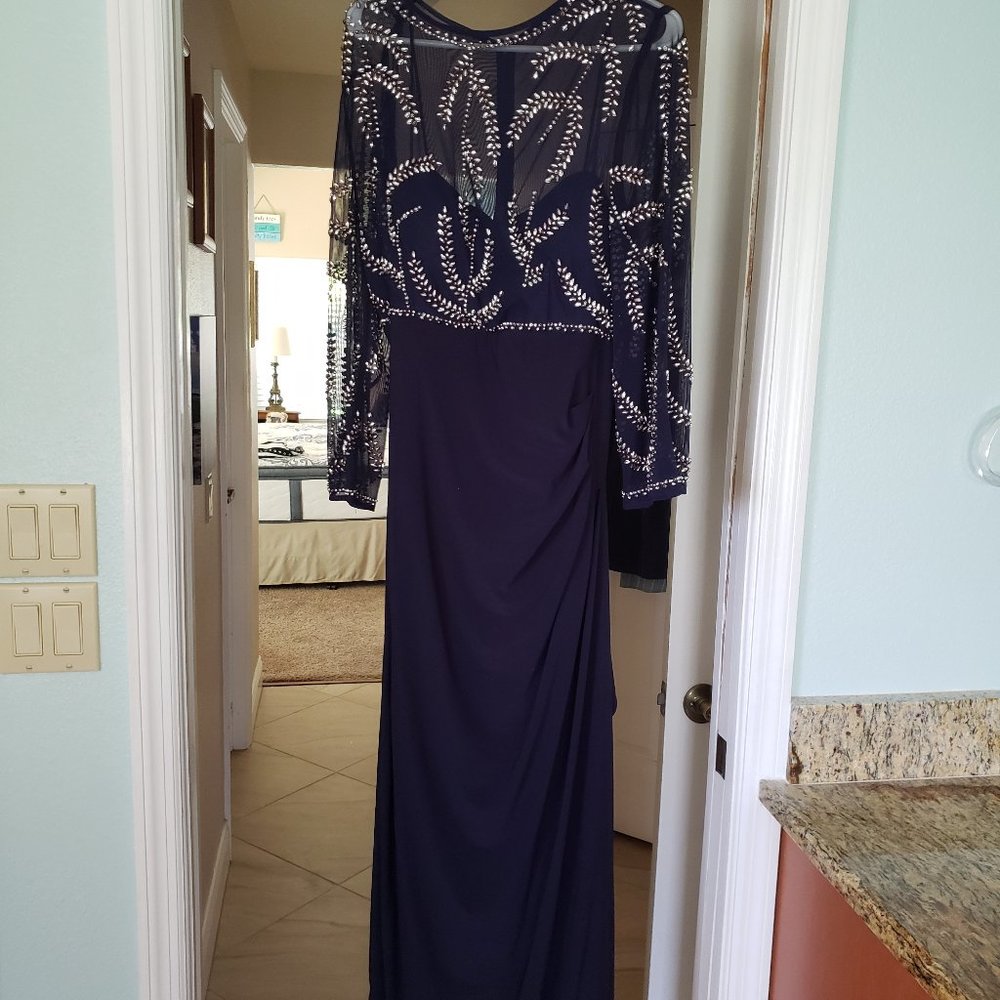 Betsy & Adam Navy and Silver Embellished Gown